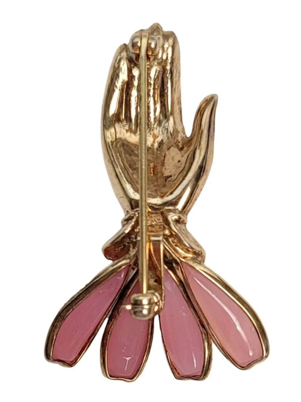 Trifari Gold-Tone Pink Poured Glass Hand Brooch, Philippe, N84